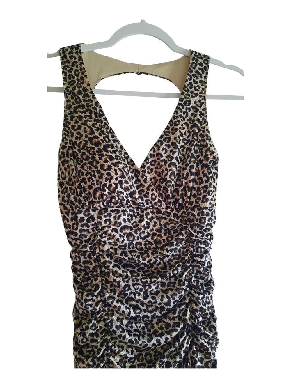 Ruby Rox Leopard Ruched V‑Neck Midi Dress - Black & Cream - Picture 4 of 5